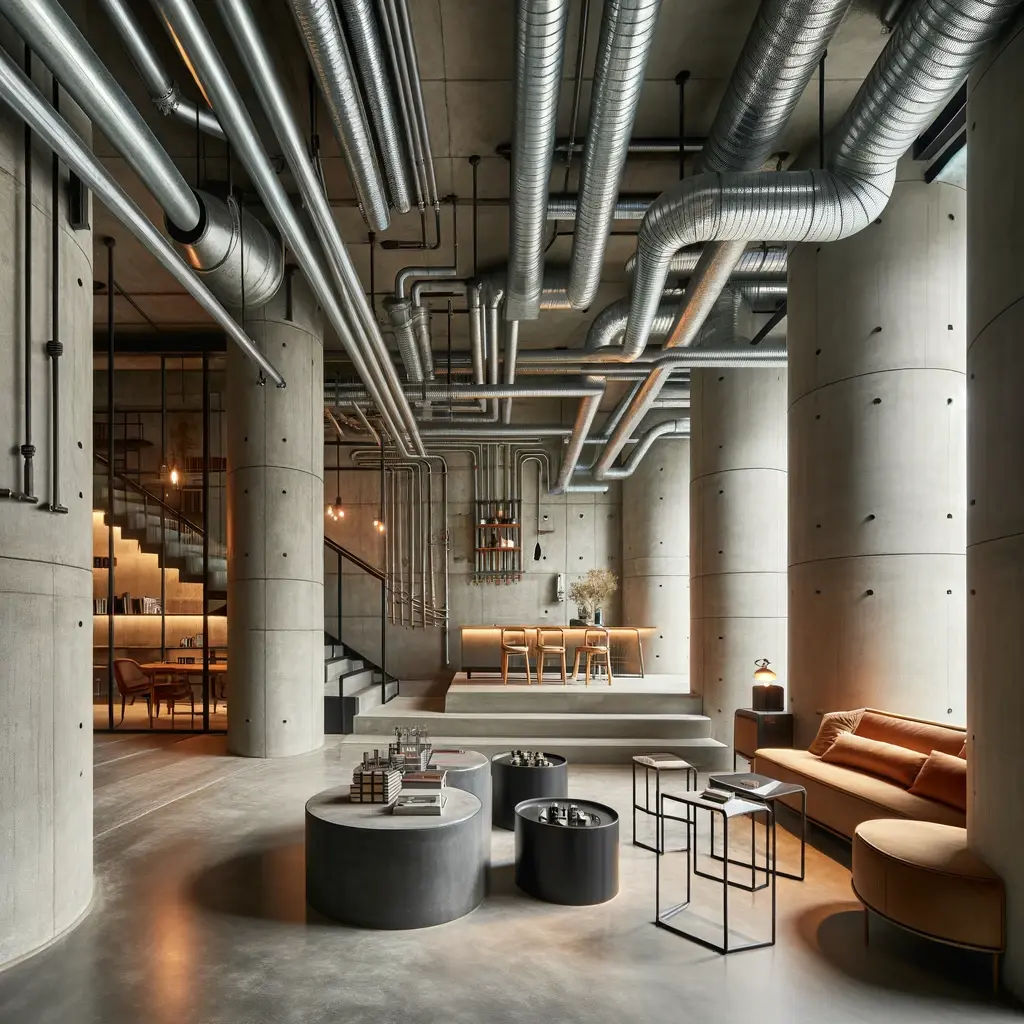 A chic interior showcasing exposed piping and ductwork, adding an authentic industrial touch to a Brutalist design. 