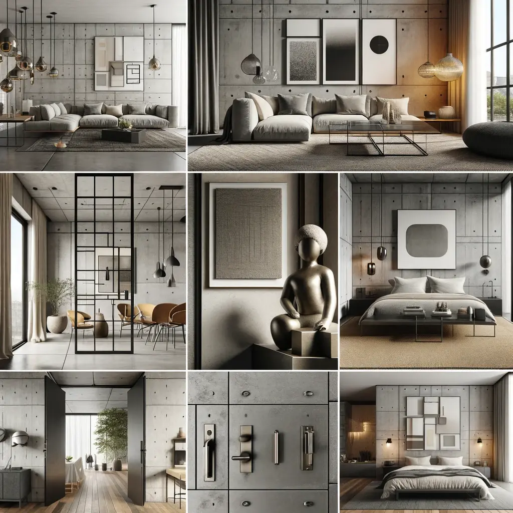 A modern living room featuring a concrete feature wall as a focal point, adorned with minimalist artwork and a steel-framed mirror. 