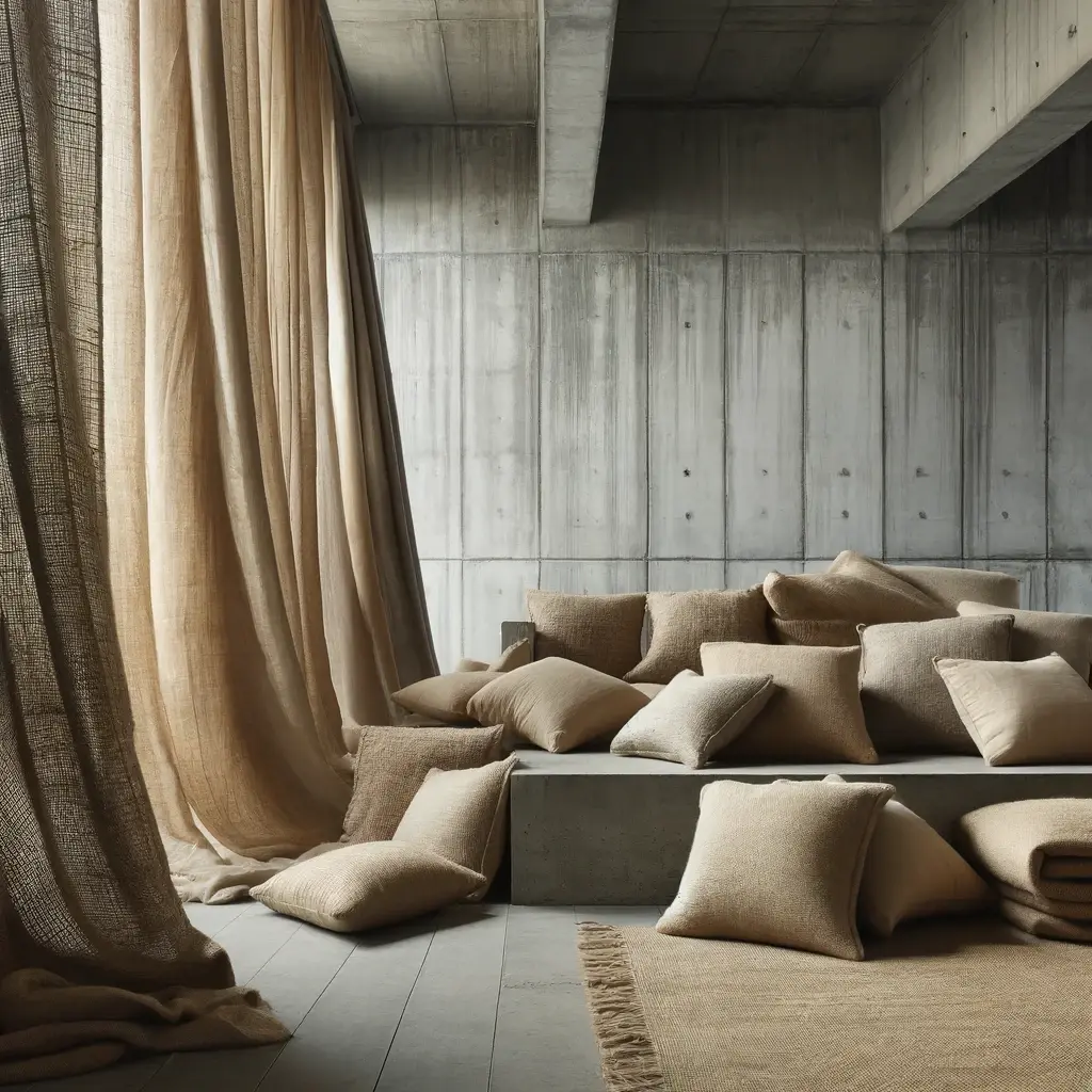 Coarse, natural textiles like burlap or raw linen used for drapes, cushions, or throws in a Brutalist interior, adding warmth and texture to the space 