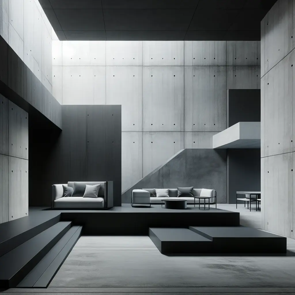 Minimalist color scheme in a Brutalist interior, dominated by grays, blacks, and whites, enhancing the raw materials used such as concrete and steel. 