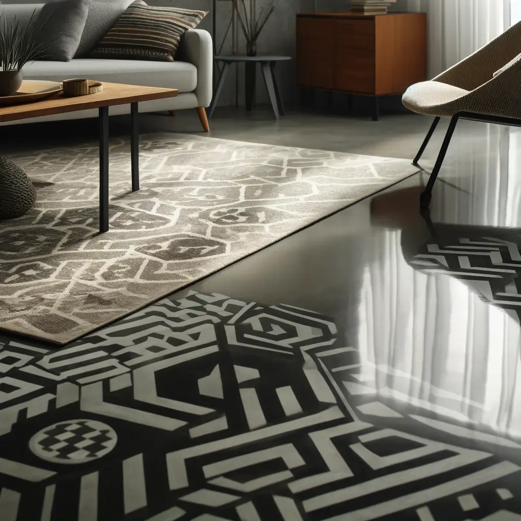 Polished concrete flooring in a stylish home, complemented by area rugs in neutral colors or bold geometric patterns. 